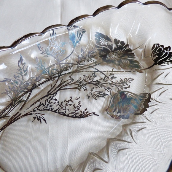 VTG STERLING SILVER CITY ON CLEAR CRYSTAL FLANDERS FLOWERS OVAL BOWL PLATE DISH - Picture 2 of 7